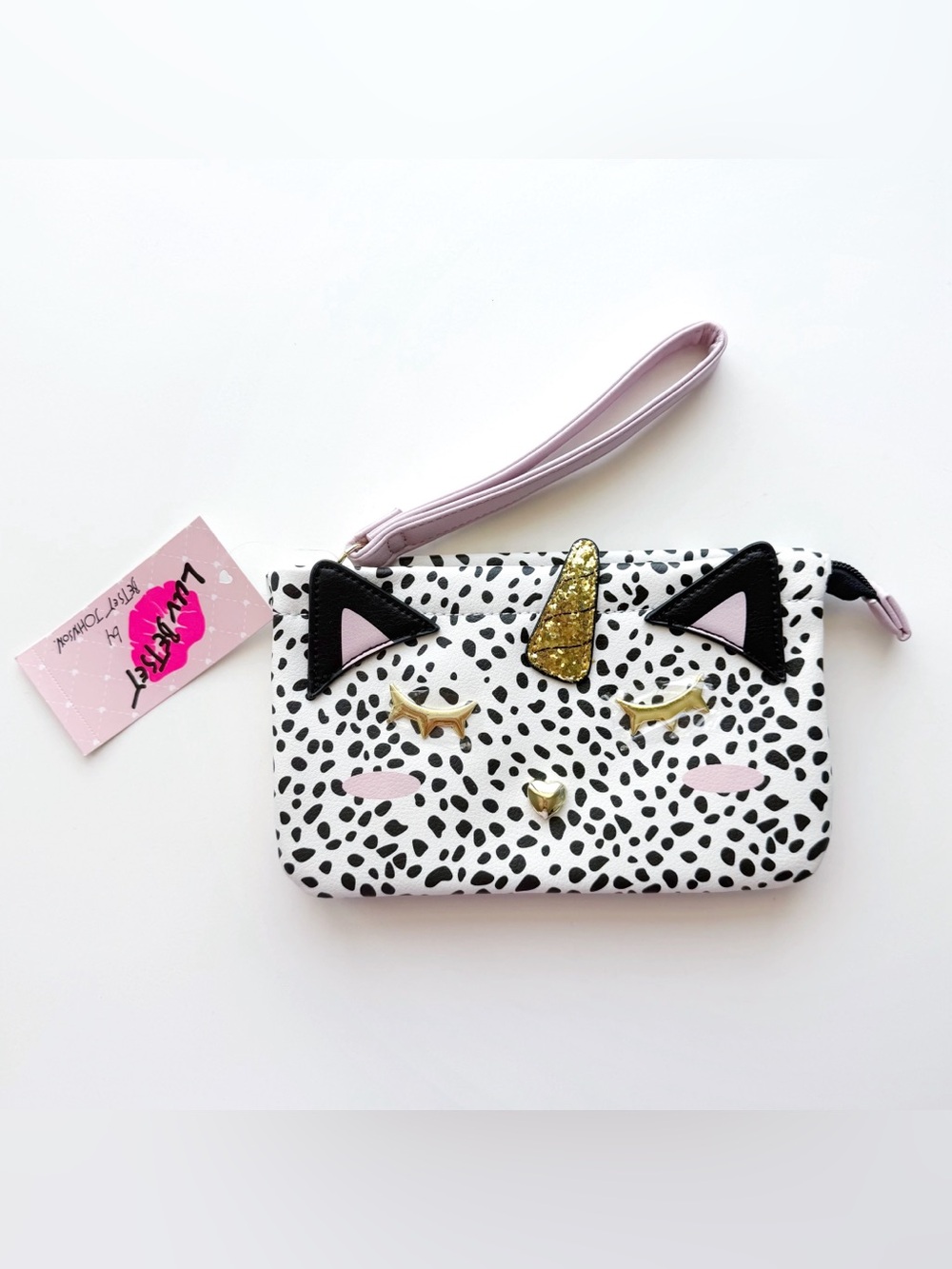 Betsey Johnson White Leopard Cat Clutch Wristlet Unicorn Pink